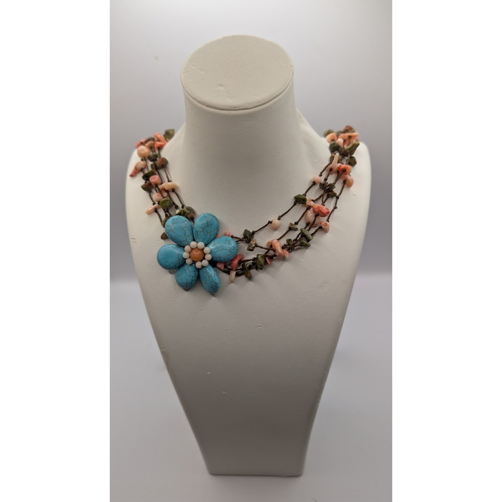 Boho Multi-Strand Statement Necklace - Turquoise Flower & Coral Stone Chips